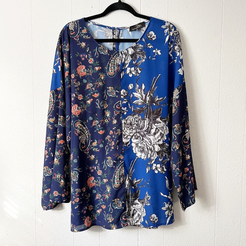 Suzanne Betro Patchwork Dark Floral Boho Top Womens 1X Wide Sleeve Casual Event